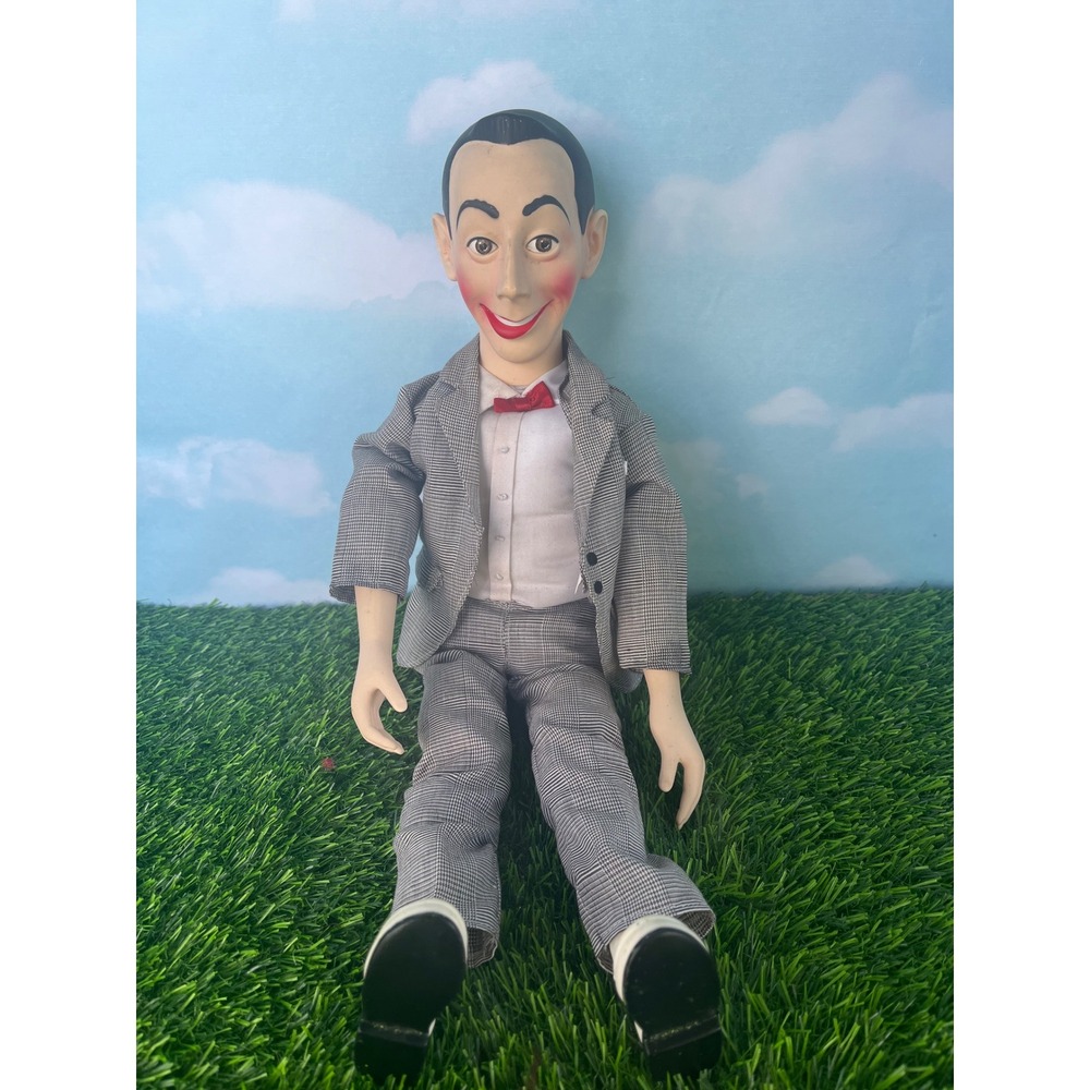 Vintage Pee-wee Herman Ventriloquist Doll Grey Plaid Suit Red Bow Tie Figure